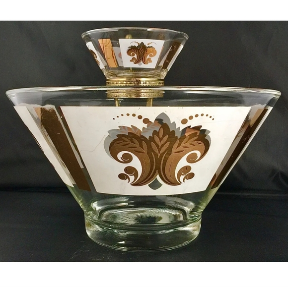 Vintage Anchor Hocking Festive Pattern 22k Gold/White Chip & Dip Set MCM - Picture 5 of 15